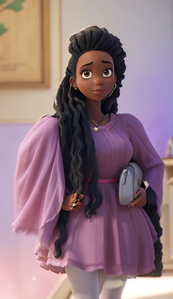 A black woman with afro black hair wearing a pink dress.