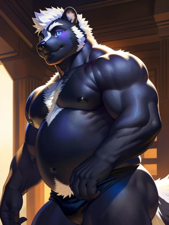 solo, anthro, furry, furry male, skunk,((short fur,furry, smooth fur)), (skunk white print, white sideburns), black pupils, black body, black fur, glowing indigo eyes, glowing eyes, tail, detailed  fur, detailed face, detailed eyes, bare chest, (bedlah clo...