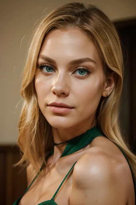 Generates in very realistic the face of a blonde woman with green eyes and a thin nose, a large lip and a square jaw., big senses and a large waist