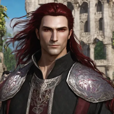 A male fantasy character with normal length dark red hair. His eyes are red. He&#39;s wearing a black top and black pants. There are bandages on his chest and one arm:  There are black marks from his wrist to his neck. ceketin eteklerinde tutuşmuş alevler ...