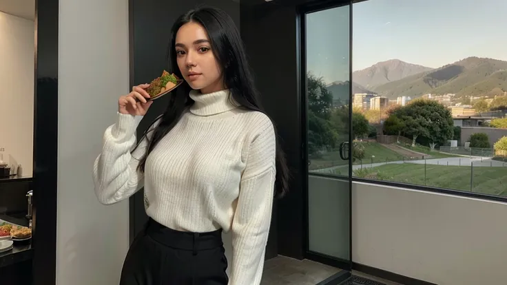 a girl(who is wearing white highneck sweater and black pant, long black hair ) is standing with a plate of food in both of her hand, side pose,more realistic, background green hills, evening scene