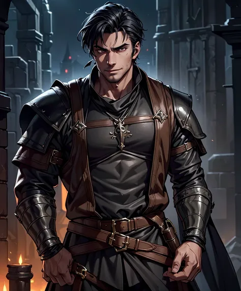 (((Single character image.))) (((1boy))) (((Dressed in medieval fantasy attire.)))  (((Generate a darkly handsome male character for a fantasy setting.))) (((Appears to be 20 years old with youthful looks.))) (((Dark and sinister background at night.))) ((...