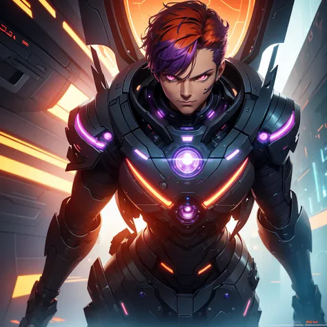 a short-haired man with purple hair, orange cat-like eyes, futuristic sci-fi background, 1 man, extremely detailed face and eyes, intricate details, octane render, cinematic lighting, dramatic atmosphere, neon colors, glowing effects, concept art style