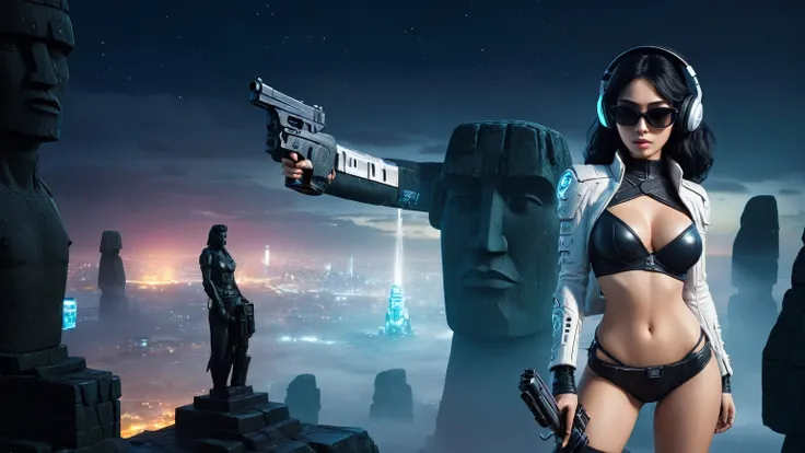 At night, dark sky, distant shot aerial view of fantasy cyberpunk style ice ((Moai-statue)) city, ((flying car)). ((1girl, solo, alone)), medium-breast:1.1 slim body, cleavage, sexy clothes, (headphone, black sunglasses, long black realistic hair), (((hip-...