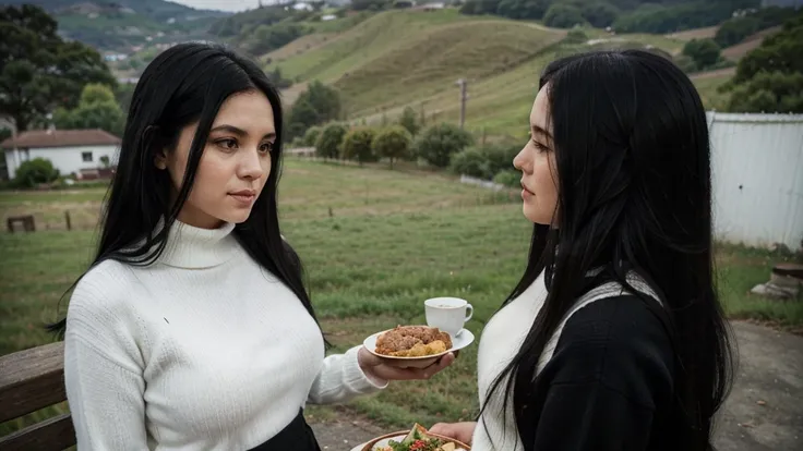 a girl(who is wearing white highneck sweater and black pant, long black hair ) is serving food to an old women with a plate of food in both of her hand, side pose,more realistic, background green hills, evening scene