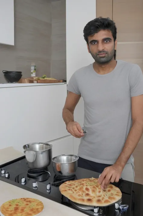 Fais moi un pakistanais HOMME LAID maltraité qui écrase de la nourriture avec ses pied nu dans une cuisine   réaliste en étant pauvre 