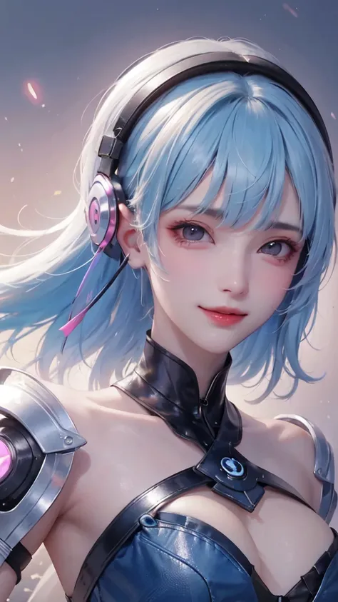 A girl looking at the viewer in a close-up A beautiful young girl with vibrant blue hair and eyes, wearing futuristic-looking headphones,
wearing a closed blouse, 8K, high quality, simple background, good pose