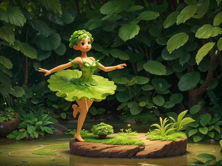 a whimsical miniature figure, crafted from a vibrant medley of green leaves, assumes a lively dancing pose atop a worn, earthy pot, surrounded by a lush forest scene awash in the soft, misty glow of rain-kissed greens and blues, evoking a sense of mythical...