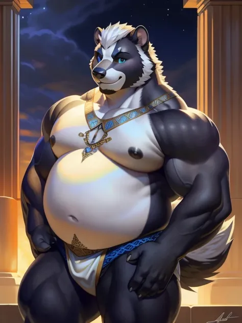 solo, anthro, furry, furry male, skunk,((short fur,furry, smooth fur)), (skunk white print, white sideburns), black pupils, white sclera, black body, black fur, indigo eye, tail, detailed  fur, detailed face, detailed eyes, bare chest, (bedlah clothes, vei...