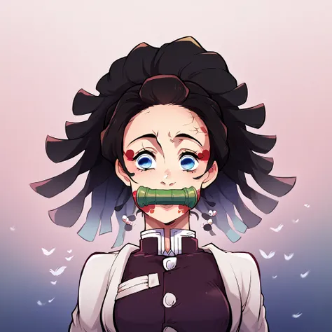 Kimetsu no Yaiba, smile, gradient black hair with pink. fly away, cloused mouth, blue colored eyes.