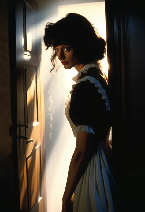 DVD Screen Grab, From the 1985 dark fantasy film, Vintage style art, horror film, Shabby maid hiding behind the door, A ray of light shines on her, 18th Clothing, High detail, Realistic shadows