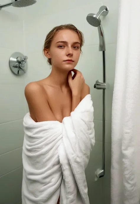 a wide distance shot front facing picture of 19 yo German coming out of the shower, soaking wet, wearing a towel, sexy, relaxed, curious expression, demure, submissive pose, in love with the viewer, she is feeling seductive