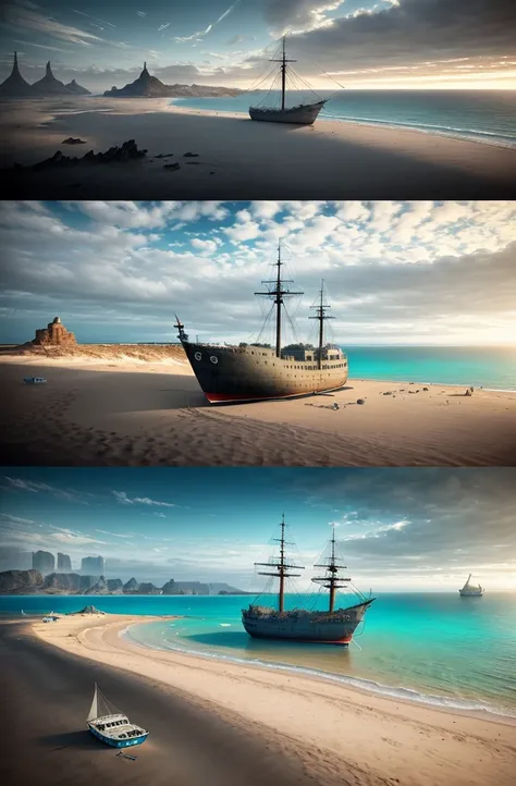 two photos of a beach with a ship and a tree, detailed matte painting by Matthias Kollros, shutterstock, conceptual art, photo shoot, Erik Johansson style, ships, shipwreck, Erik Johansson, photomanipulation, Alexander Janssons style, Ship on a desert isla...