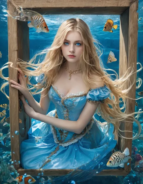 brother,1 girl,alone,long hair,blue eyes,blonde hair,dress,trapped in a box underwater,alice (alice in wonderland),disney cartoo...