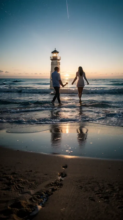 a couple walking in a beach at night, going to the horizon, many lights from the stars shining