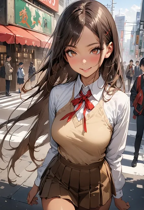 ((masterpiece,Highest quality:1.3,best quality illustration,realistic:1.4)),cowboy shot,独奏,1woman,(18-year-old、Japanese Beauty)、brown hair,long hair,(center parted bangs),brown eyes,gorgeous eyes,((very small head:1.3)),smile,,((very long body:1.2,skinny))...