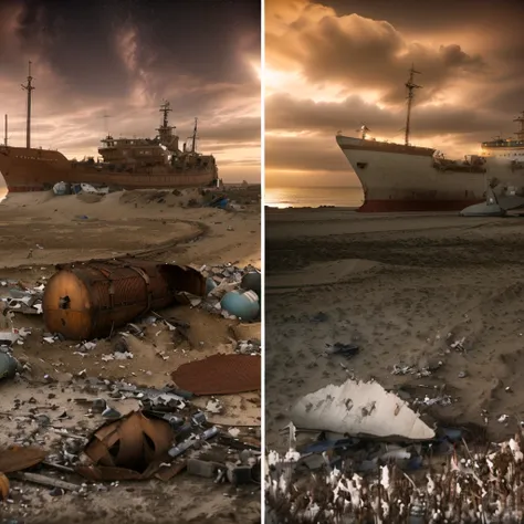 two photos of a beach with a ship and a tree, photo shoot, Erik Johansson style, Mathias Colross, ships, shipwreck, Erik Johansson, photomanipulation, Alexander Kucharsky, Sebastian Spreng, Adam Marczynski, Alexander Janssons style, Ship on a desert island