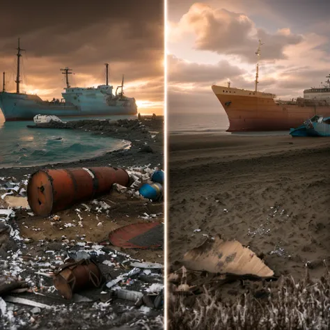 two photos of a beach with a ship and a tree, photo shoot, Erik Johansson style, Mathias Colross, ships, shipwreck, Erik Johansson, photomanipulation, Alexander Kucharsky, Sebastian Spreng, Adam Marczynski, Alexander Janssons style, Ship on a desert island