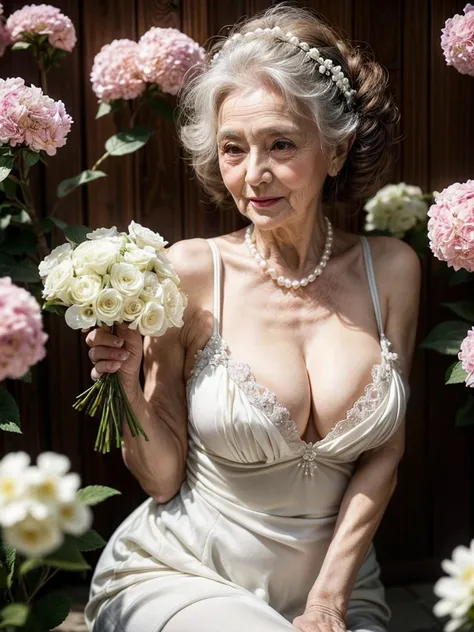 Beautiful elderly woman, cute,sexy,80 years old,,sexy,Wear a pearl necklace, Flowers in her hair, hair bunches, holding a little bunch of white flowers in her hand, posing with flowers, old woman, Ultra big Big saggy soft:1.4, Breasts, Curly Hair, big nipp...