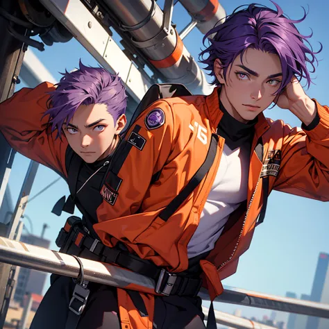 a young man alone, 23 years old with medium purple hair, orange eyes