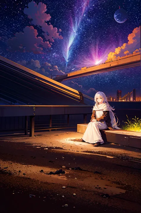 Octane, null, star (null), scenery, starry null, night, One girl, night null, alone, Outdoor, building, cloud, milky way, Sitting, wood, Long Hair, city, silhouette, cityscape