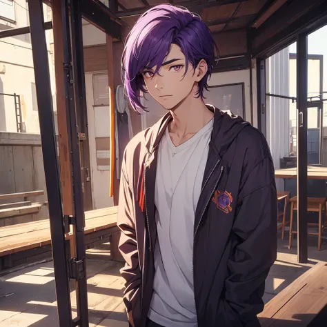 a young man alone, 23 years old with medium purple hair, orange eyes