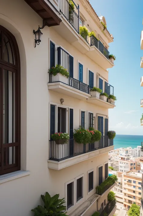 Make an image of a balcony overlooking the sea of a building