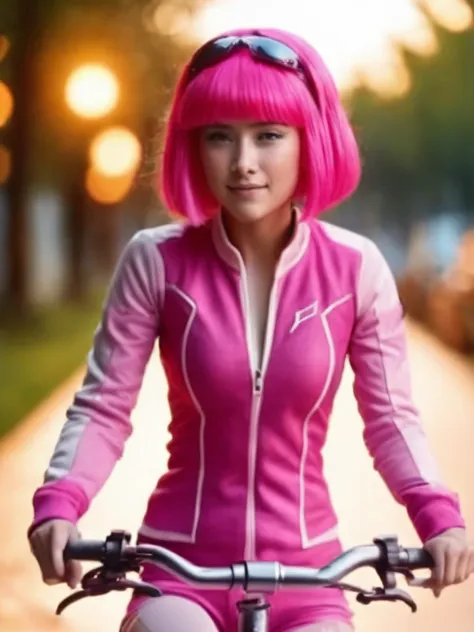 a girl riding a bicycle, stephanie a girl, with pink hair and a pink wig, raytracing,stunningly beautiful,professional lighting,...