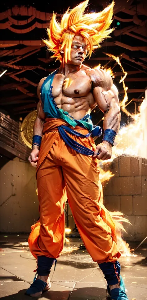 Goku, Adult man with long neon golden hair extremely muscular, defined muscles full of veins, dark orange colored clothing torn, blue bracelets on the wrists, serious face, neon green eyes, serious expression, muscle definition, large shoulders, rounded bi...