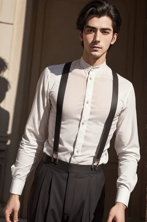 Shadows of a handsome period man wearing suspenders and a high-neck blouse 