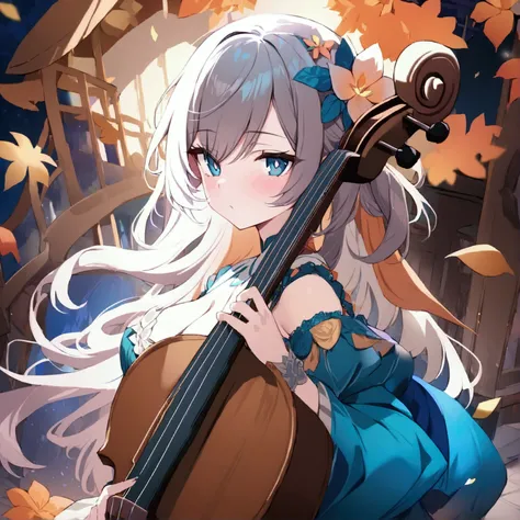 (1girl, Masterpiece, best quality) (detailed and beautiful eyes:1.6) (perfect hands, perfect anatomy) (full body) colorful outfit, older woman, bard outfit, holding a violin
