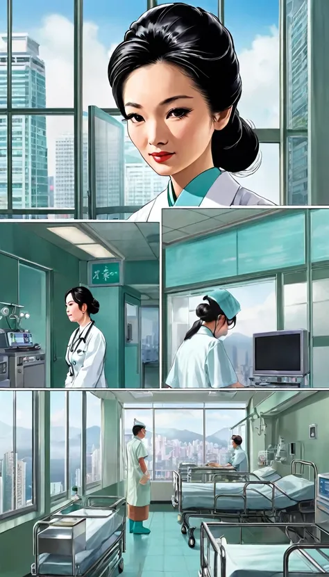 Scene 4：Hong Kong wind (1968-1969)
Style: Photorealistic activities: patientの治療
季節と時間帯: Summer Afternoon Tournament: Modern Hospital Event: Flu treatment atmosphere: Cleanliness and desirable people: patient、Doctor and nurse sensual depiction: Medical equi...