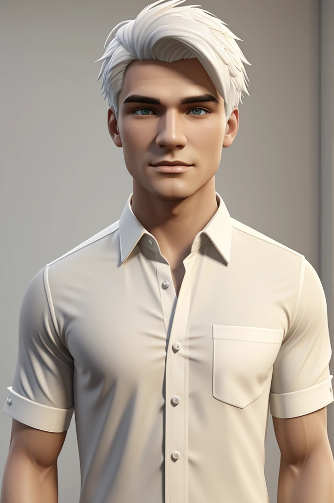 Roblox male with white hair, wearing a cream-colored shirt, has white skin.