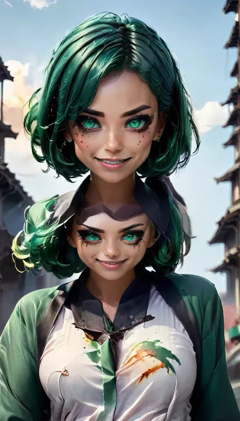 anime style a demon woman with black and green hair with emerald green eye with scary smile holding a katana with destroyed city background