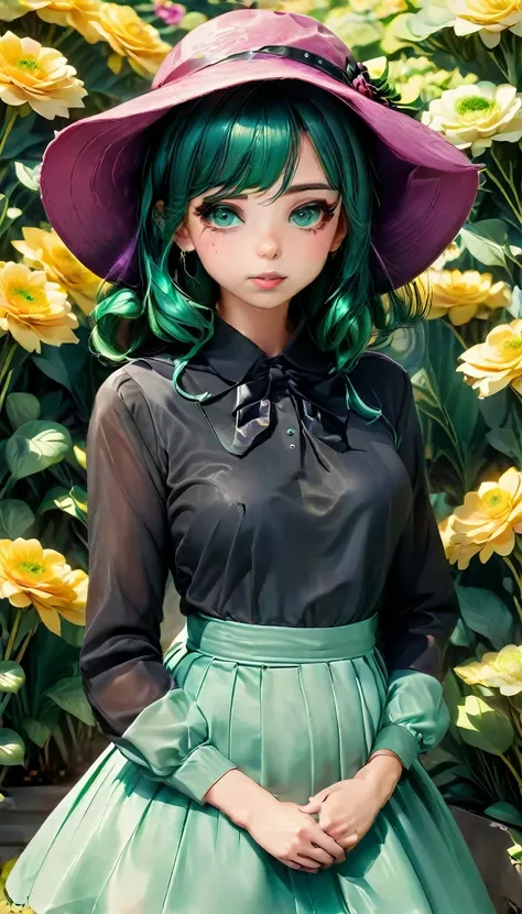 Anime style a woman with black and green hair with green eye in a flower garden with a dress and a hat holding a flower