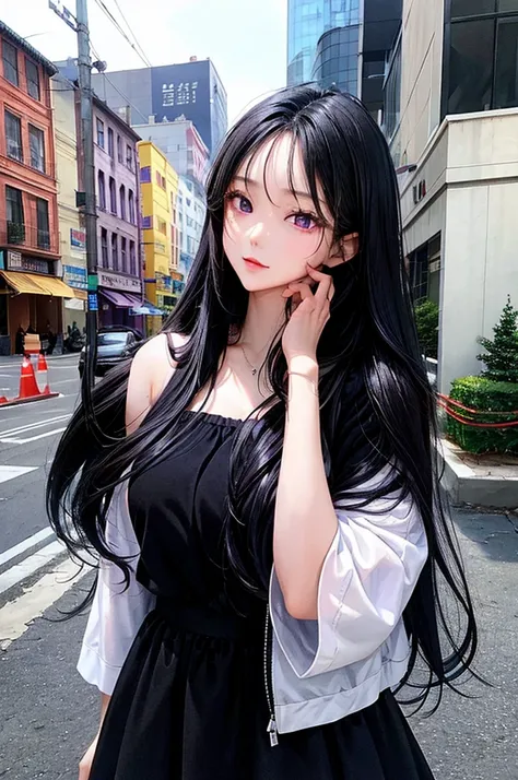 One woman, Highest quality, masterpiece,Black Hair, Purple eyes,Black clothes, front, Upper Body,hair,Fair skin,Long Hair、Straight Hair、clear、beautiful、Beauty、Adult women、Background white