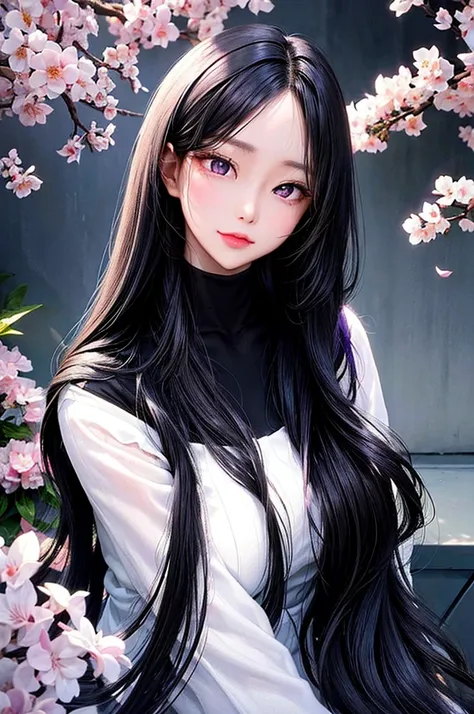 One woman, Highest quality, masterpiece,Black Hair, Purple eyes,Black clothes, front, Upper Body,hair,Fair skin,Long Hair、Straight Hair、clear、beautiful、Beauty、Adult women、Background white