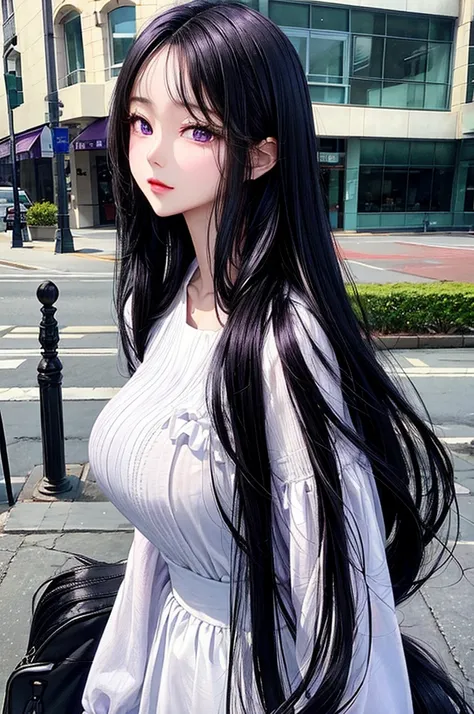 One woman, Highest quality, masterpiece,Black Hair, Purple eyes,White blouse、front, Upper Body,hair,Fair skin,Long Hair、Straight Hair、clear、beautiful、Beauty、Adult women、Background white