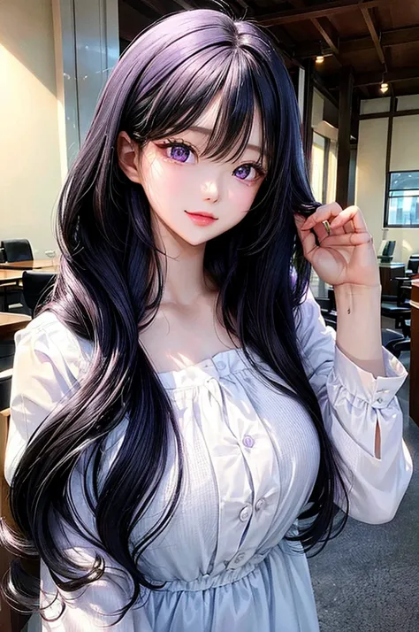 One woman, Highest quality, masterpiece,Black Hair, Purple eyes,White blouse、front, Upper Body,hair,Fair skin,Long Hair、Straight Hair、clear、beautiful、Beauty、Adult women、Background white