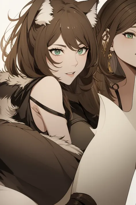 Wolf demi-human, girl with brown hair and white ears and tail, greenish eyes, sharp jaws