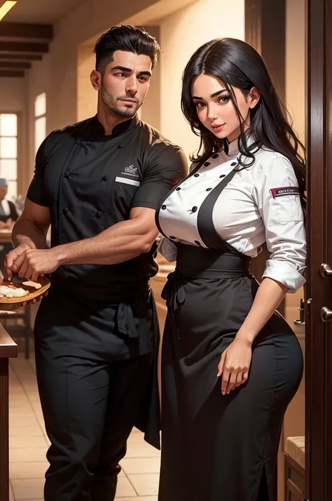 A wide high definition scene in a kitchen of a large restaurant with a beautiful Arabic-style oriental woman with a slightly hooked nose and a mole on her face next to her mouth, very dark and tanned, with a huge ass, Chef, restaurant owner and famous somm...