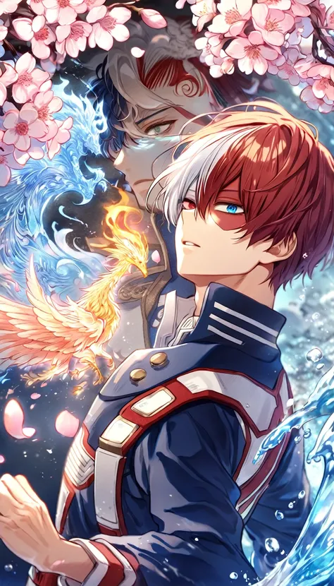 Ultra detailed, highres, absurdres, HDR, master piece, Todoroki Shouto, bicolor hair, right side is white, left side is red, heterochromia, right eye is grey, left eye is blue, Boku No Hero Academia, fantasy, pink petals, water, pink flowers, handsome, sex...