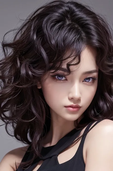 ((Highest quality)), One Woman, Highest quality, masterpiece,黒hair, Purple eyes,Black clothes, front, Upper Body,hair,Fair skin,長いhair、Curly Hair