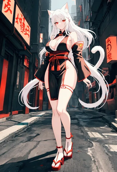 Make a full body sexy character with 2D graphics based on current anime 4k-8k The character is 22 years old. Mature body with big breasts and curves. Eyes red, white cat ears, long white hair down to the ankles. Cat&#39;s furry tail. The outfit is a mix of...