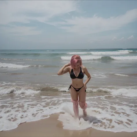 girl 21 years old, short shoulder-length pink hair, pink hair, bikini outfit, black bikini. 