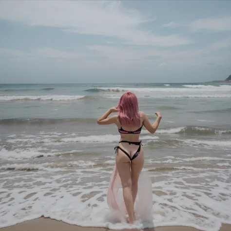 girl 21 years old, short shoulder-length pink hair, pink hair, bikini outfit, black bikini. 