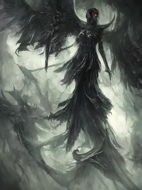 An intricate depiction of the Grim Reaper surrounded by a dark aura, horror concept art, dark fairytale atmosphere, Johan Grenier style, Alyssa Monks style