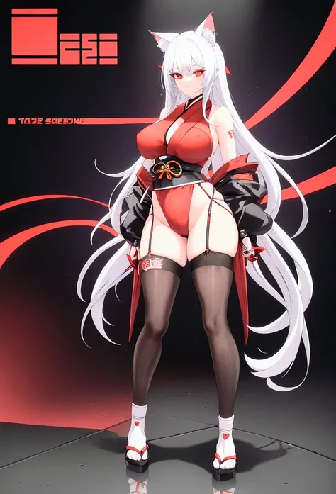 Make a full body sexy character with 2D graphics based on current anime 4k-8k The character is 22 years old. Mature body with big breasts and curves. Eyes red, white cat ears, long white hair down to the ankles. Cat&#39;s furry tail. The outfit is a mix of...