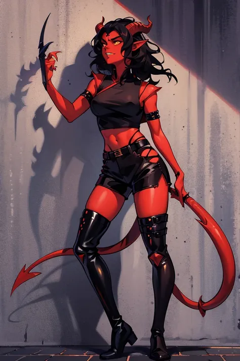 1 girl, tiflin, Redskin, yellow eyes, black sclera, pointy ears, red horns, short shoulder length wavy black hair, Sharp teeth, black sleeveless shirt, black shorts, black off shoulder sleeves, dishonest clothing, demon tail, black boots, dagger in hand, l...