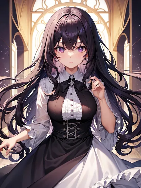 ((Highest quality)), One Woman, Highest quality, masterpiece,黒hair, Purple eyes,Black clothes, front, Upper Body,hair,Fair skin,長いhair、Curly Hair、White blouse、clear、beautiful、adult、Beauty